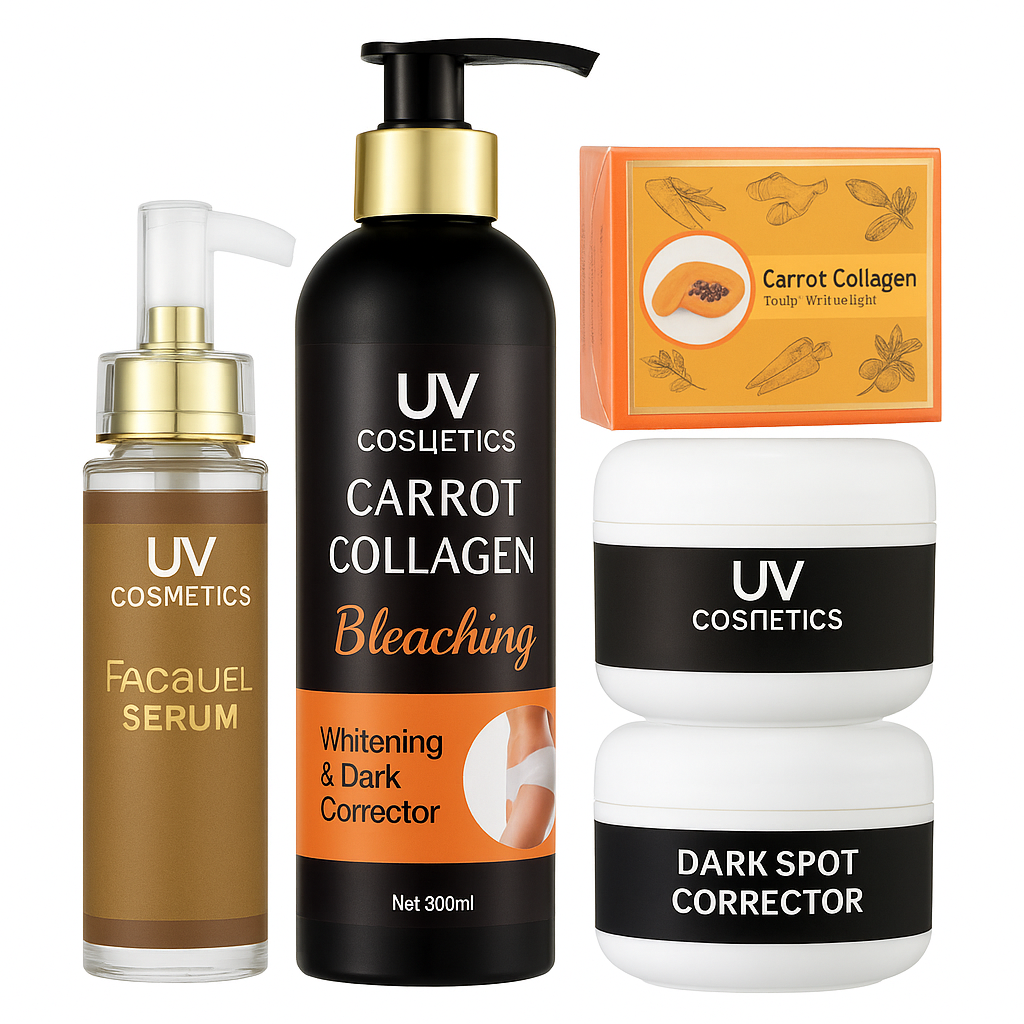 UV Skincare Set – Collagen Serum, Carrot Collagen Oil, Dark Spot Corrector & Carrot Soap
